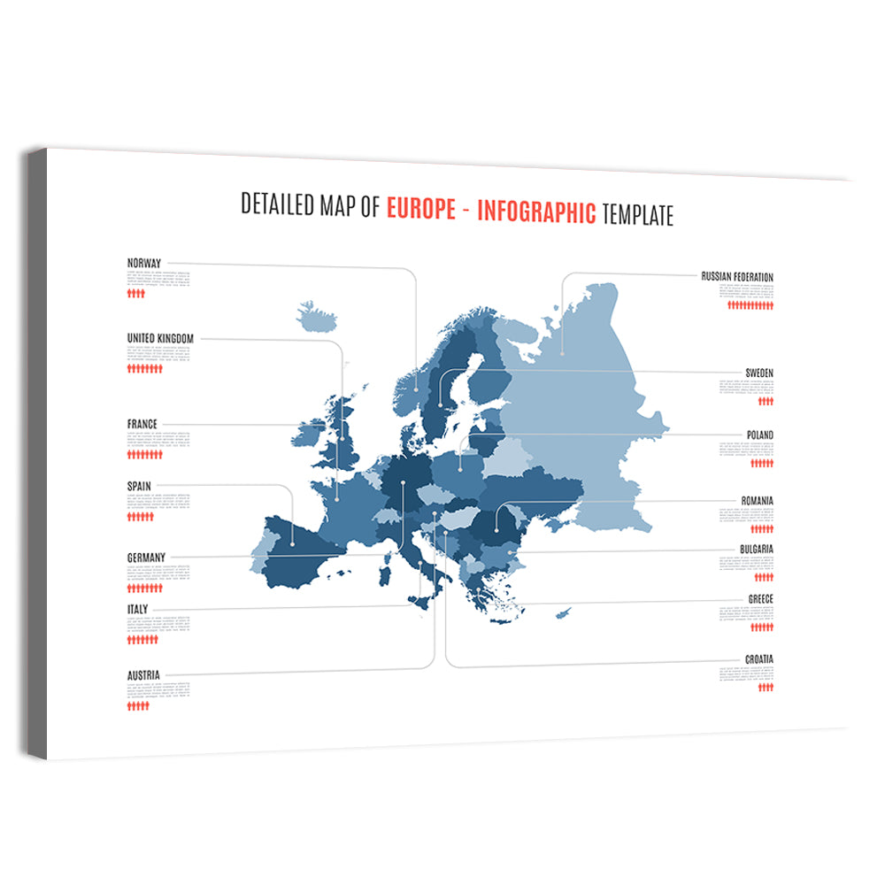Detailed Map of Europe Infographic Wall Art, canvas print, landscape