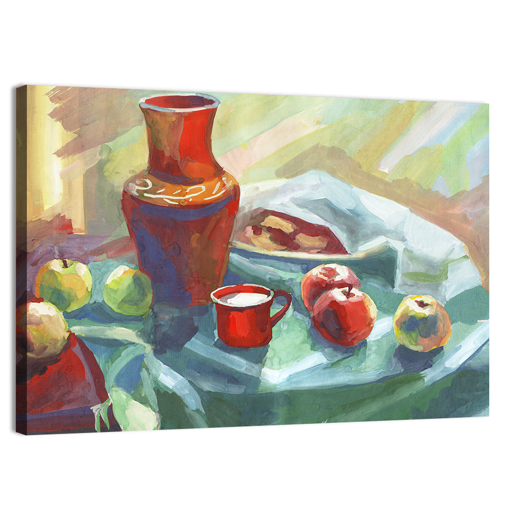 Vase, Apples and Red Cup Still Life Wall Art, canvas print, landscape