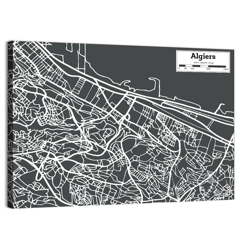 Algiers City Map, Minimal Gray Wall Art
