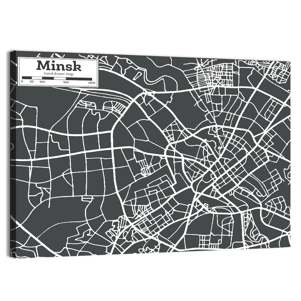 Minsk Hand Drawn Map Wall Art, canvas print, landscape