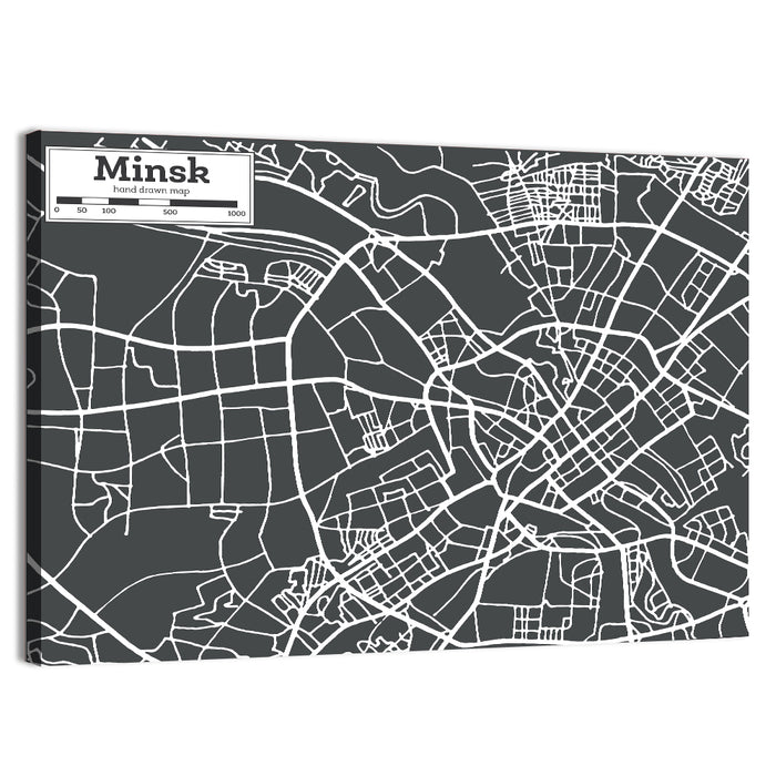 Minsk Hand Drawn Map Wall Art as a canvas print