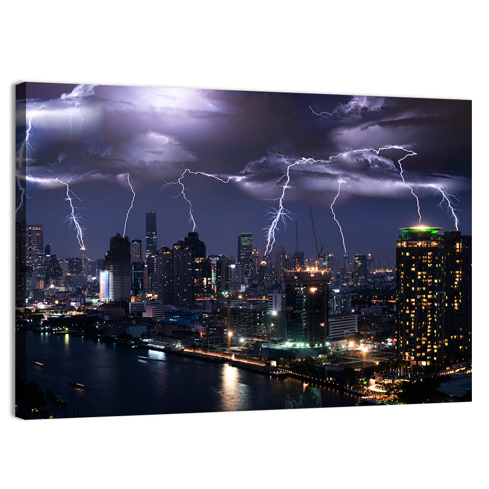 Night Lightning Over River Skyline Wall Art, canvas print, landscape