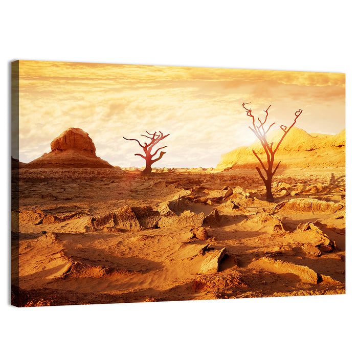 Skeletal Trees in Golden Desert Wall Art as a canvas print
