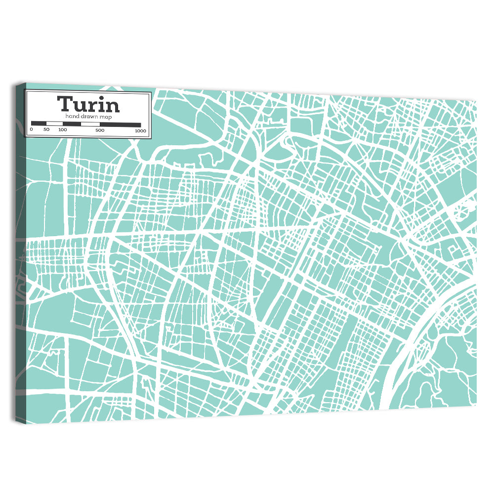 Turin Teal City Map Wall Art, canvas print, landscape
