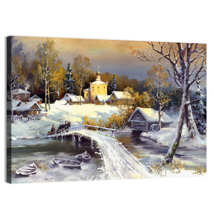 Snowy Village Bridge Wall Art as a canvas print