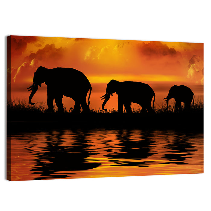 Elephants at Sunset Wall Art as a canvas print