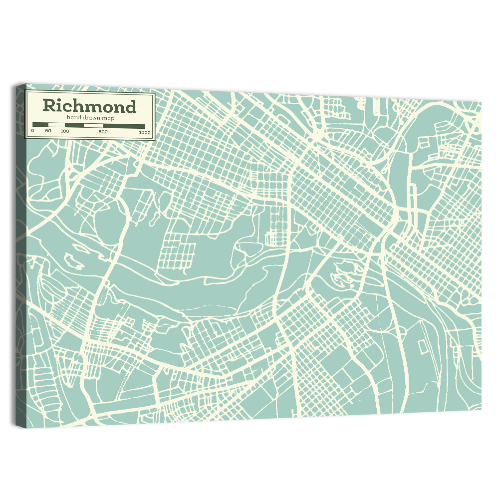 Richmond Teal City Map Wall Art, canvas print, landscape