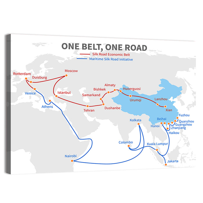 Modern Silk Road Map Wall Art as a canvas print