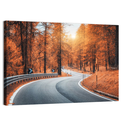 Road In Autumn Forest At Sunset Wall Art