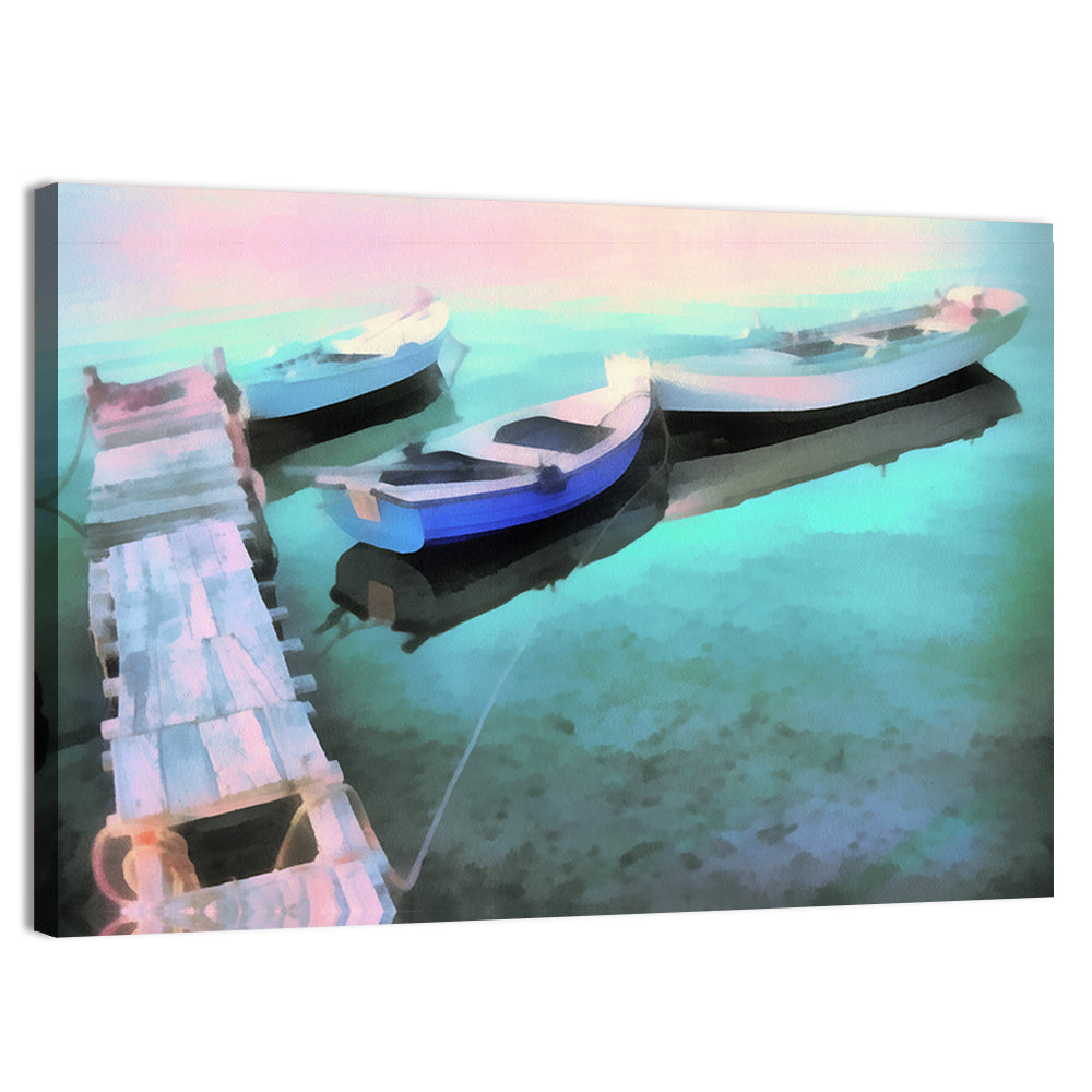 Two Boats by a Wooden Dock Wall Art, canvas print, landscape