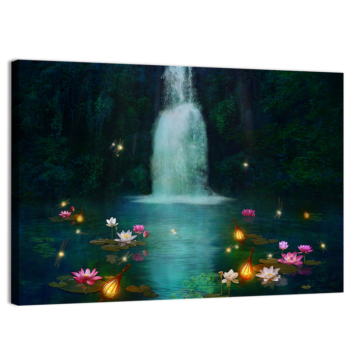Moonlit Lotus Pond and Waterfall Wall Art as a canvas print