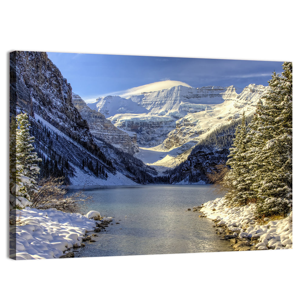 Lake Louise Snowy Shoreline Wall Art, canvas print, landscape