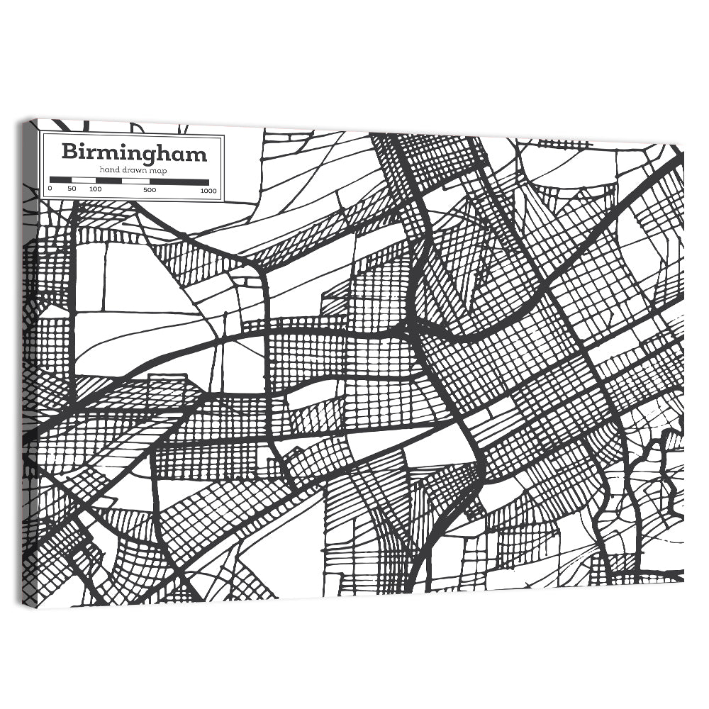 Birmingham Black and White City Map Wall Art, canvas print, landscape