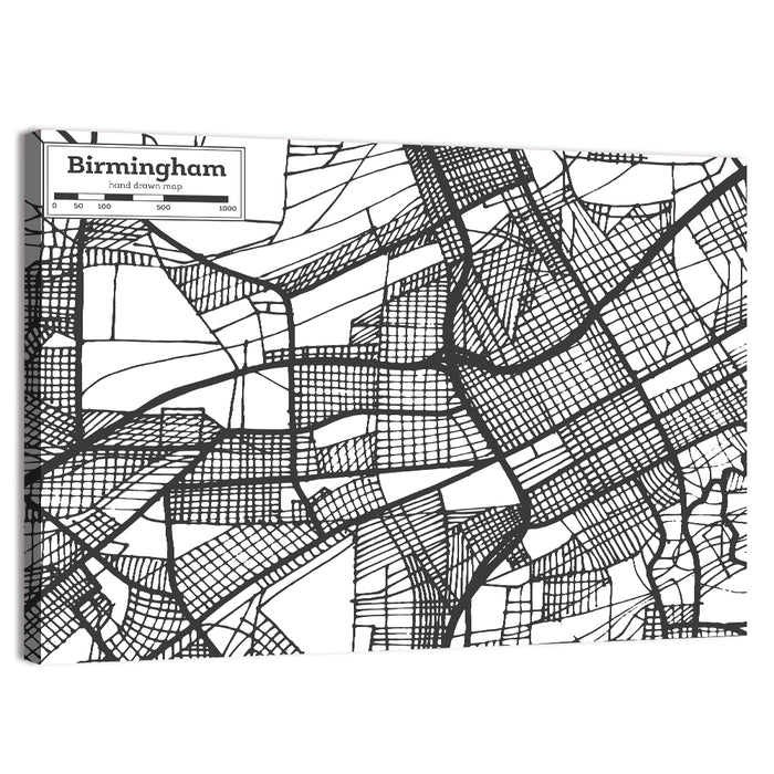Birmingham Black and White City Map Wall Art as a canvas print