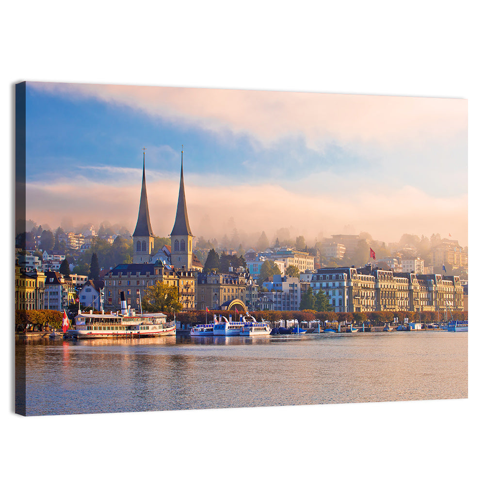 Hofkirche Lucerne Morning Reflection Wall Art, canvas print, landscape