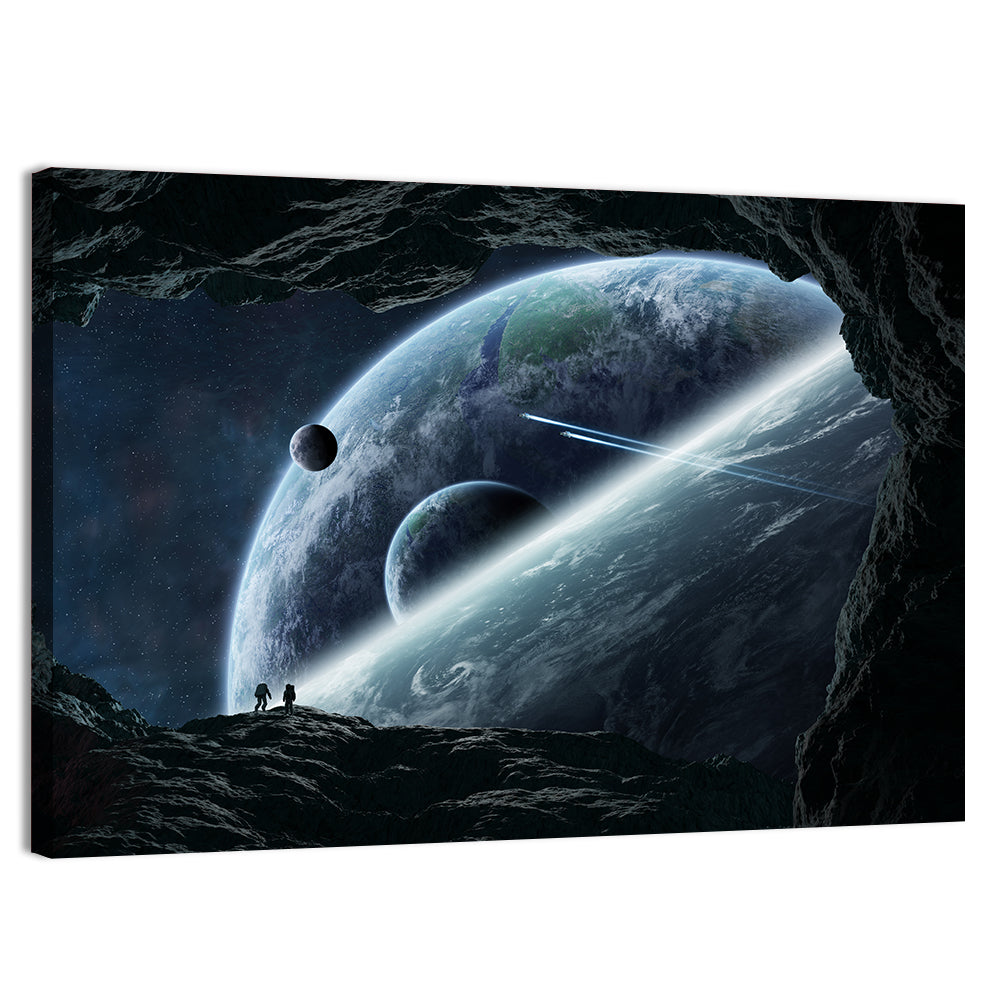 Astronaut Silhouettes in Cave Wall Art, canvas print, landscape