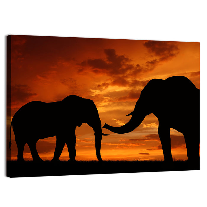 Elephants at Golden Sunset Wall Art as a canvas print