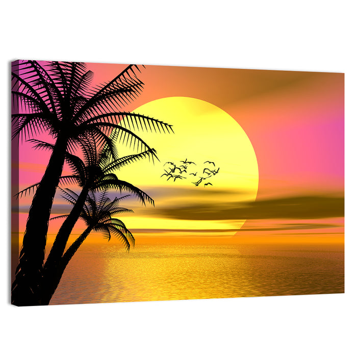 Tropical Sunset with Palm Silhouettes Wall Art as a canvas print