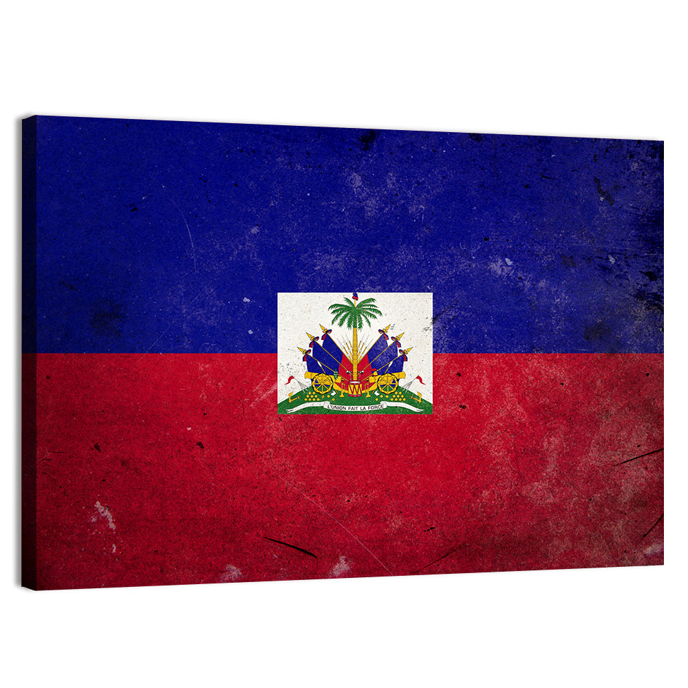 Haitian Flag with Distressed Emblem Wall Art, canvas print, landscape