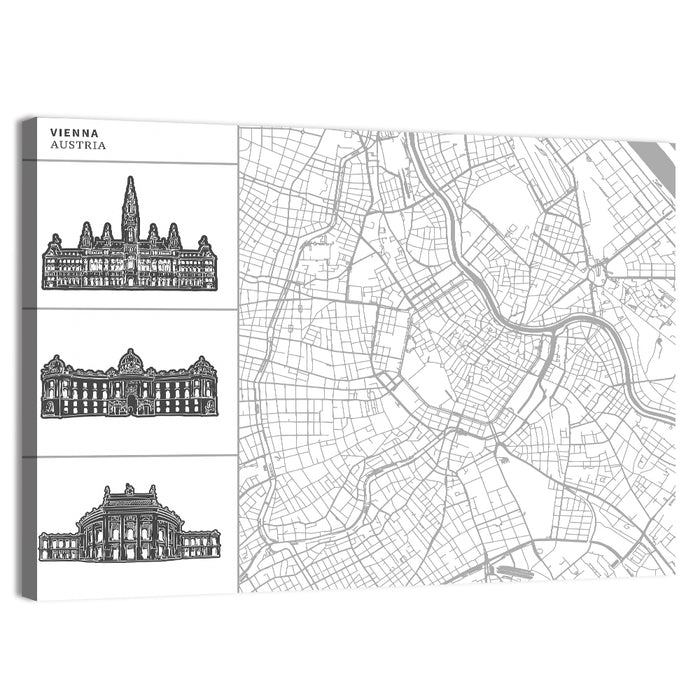 Vienna Map with Landmark Silhouettes Wall Art as a canvas print
