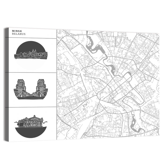Minsk Map with Architectural Vignettes Wall Art as a canvas print