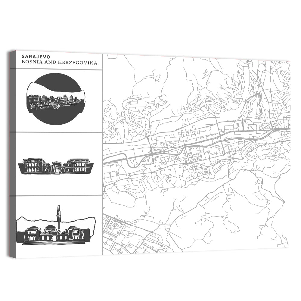 Sarajevo Line Map Wall Art, canvas print, landscape