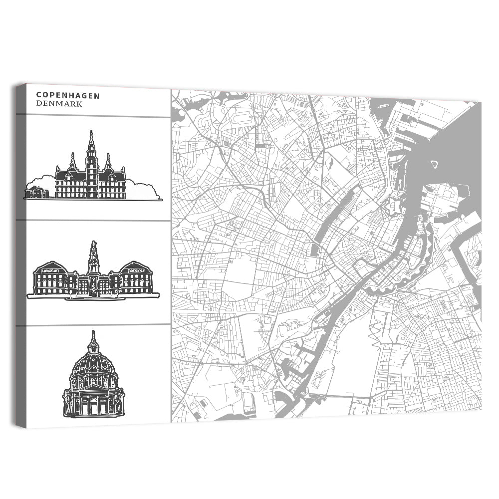 Copenhagen Map with Architectural Silhouettes Wall Art, canvas print, landscape