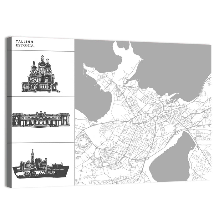 Tallinn Map with Cathedral and Palace Wall Art as a canvas print
