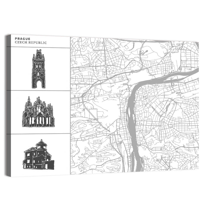 Prague City Map with Architectural Silhouettes Wall Art as a canvas print