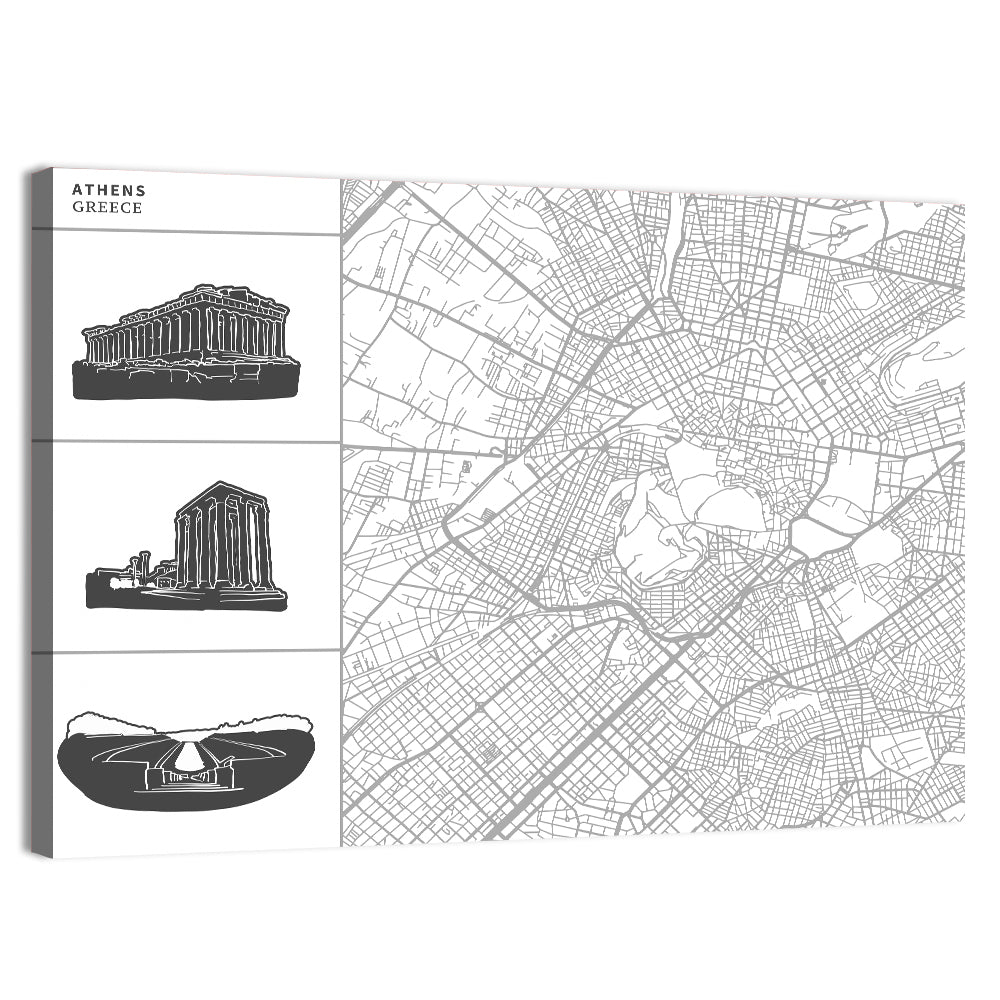 Athens Map with Parthenon Icons Wall Art