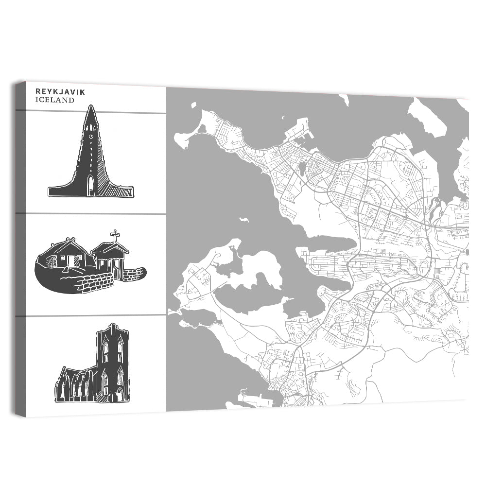 Reykjavik Map with Hallgrimskirkja Wall Art, canvas print, landscape