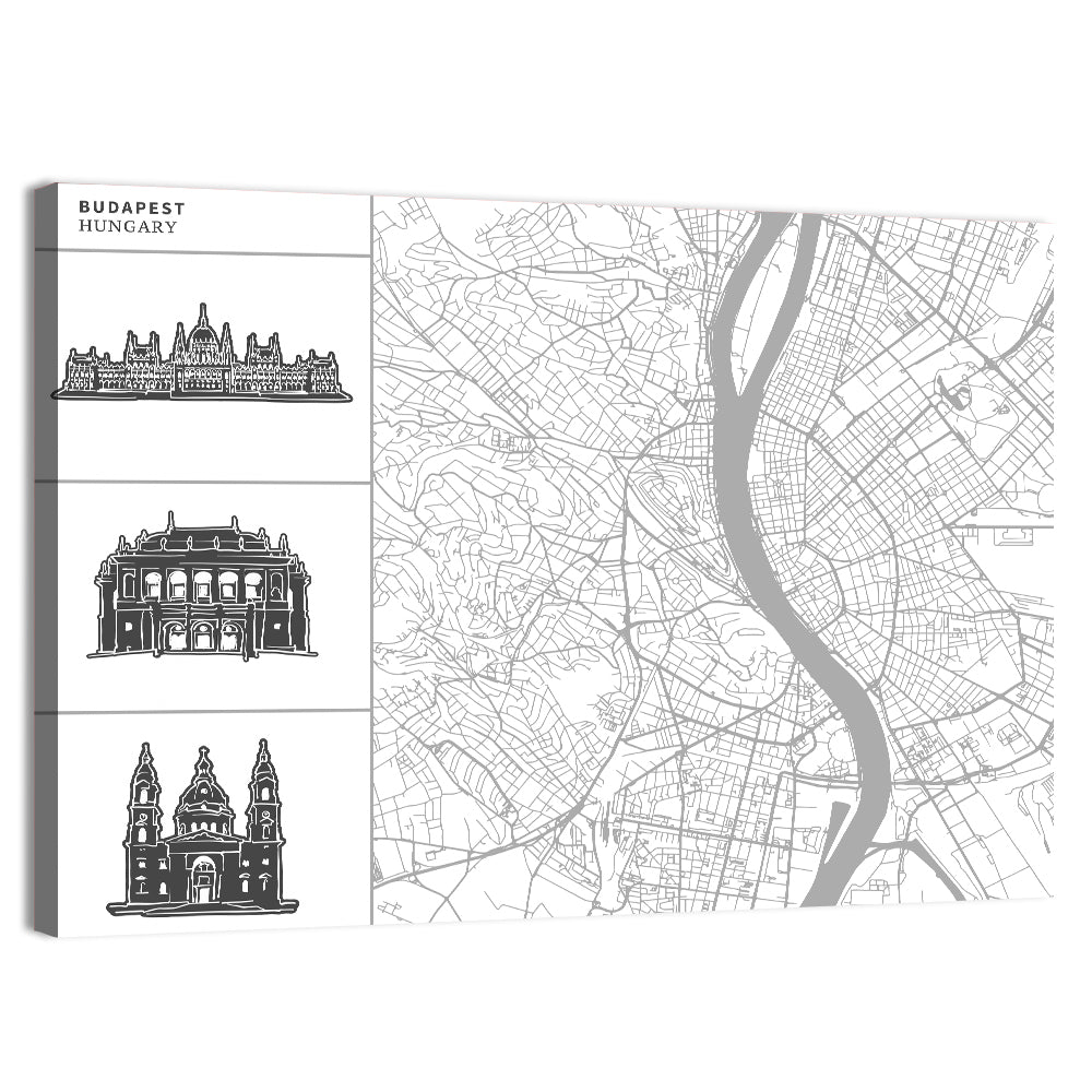 Budapest Map with Landmark Silhouettes Wall Art
