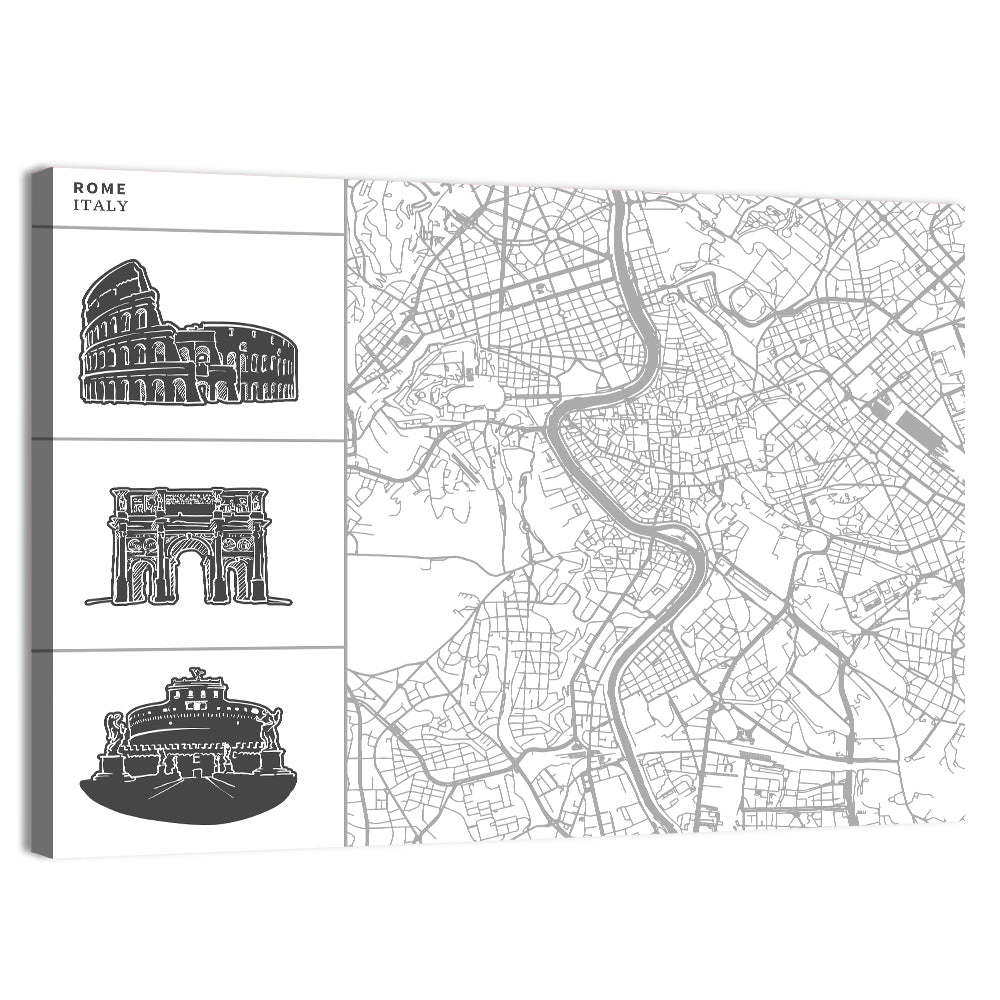 Rome Map with Landmark Sketches Wall Art, canvas print, landscape