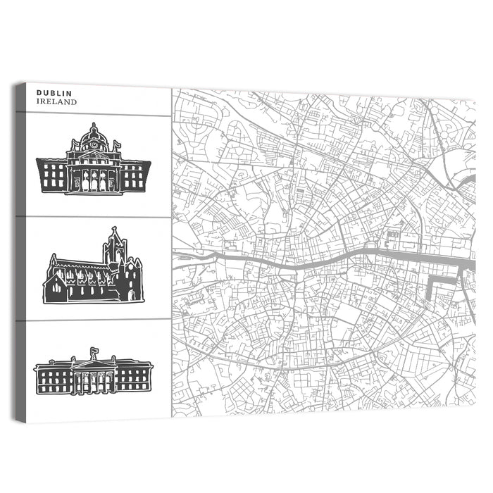 Dublin Map with Architectural Silhouettes Wall Art as a canvas print