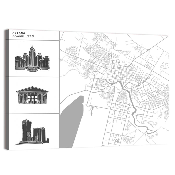 Astana Map with Landmarks Wall Art as a canvas print