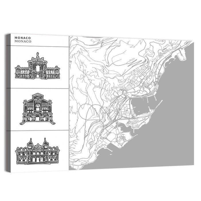 Monaco Map with Architectural Icons Wall Art as a canvas print
