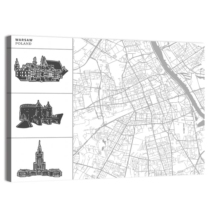 Warsaw Map with Skyline Silhouettes Wall Art as a canvas print