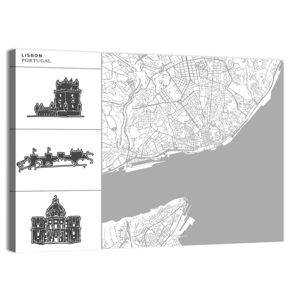 Lisbon Map with Architectural Icons Wall Art, canvas print, landscape