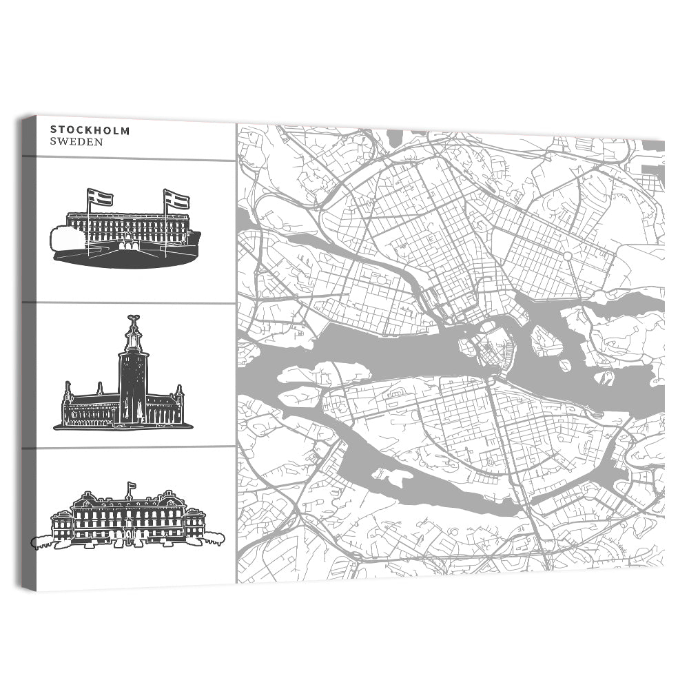 Stockholm Map with Architectural Illustrations Wall Art, canvas print, landscape