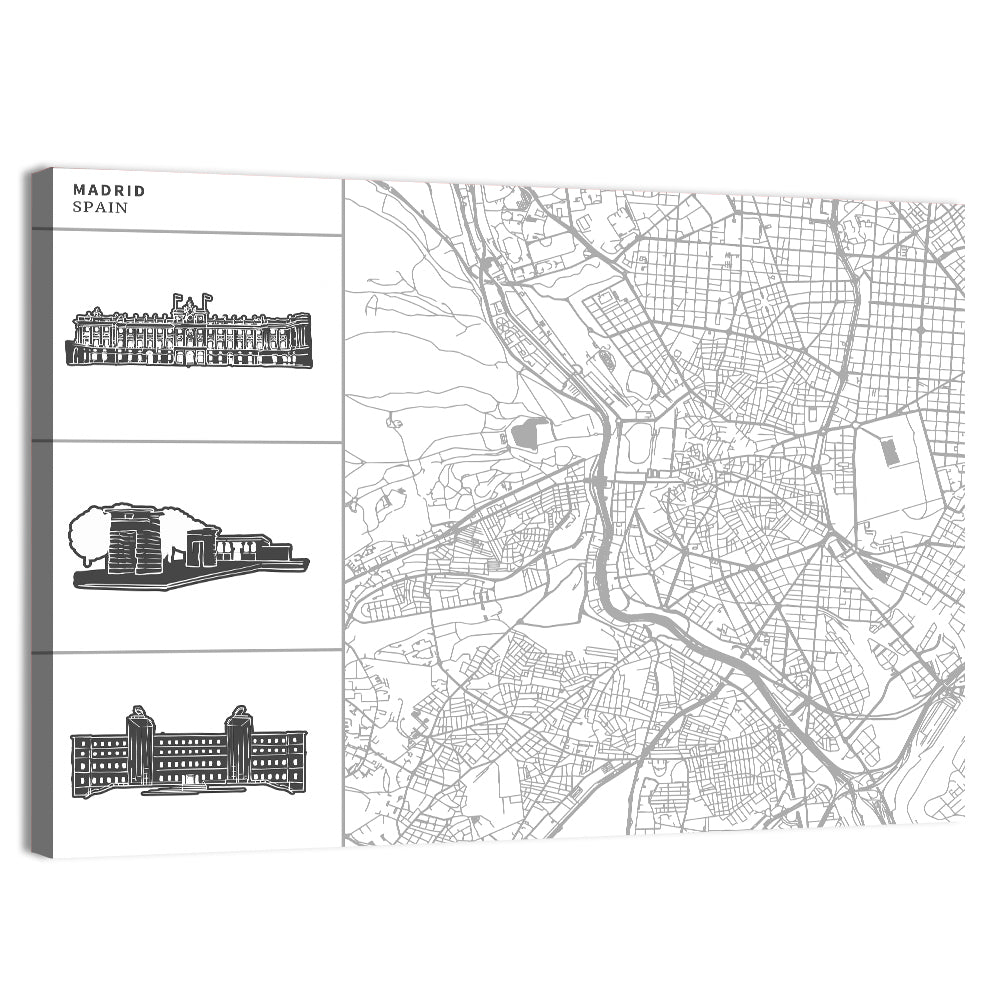 Madrid Map with Architectural Sidebar Wall Art, canvas print, landscape