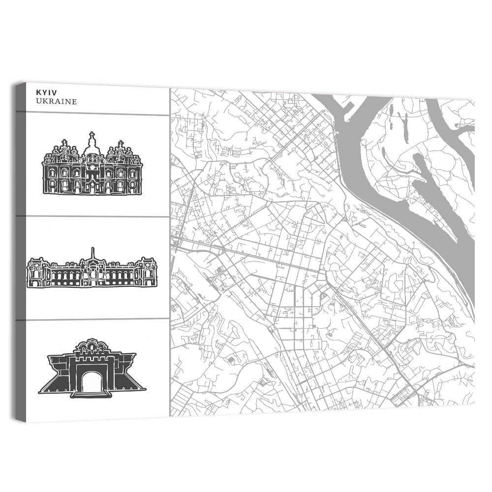 Kyiv Map with Cathedral Silhouettes Wall Art