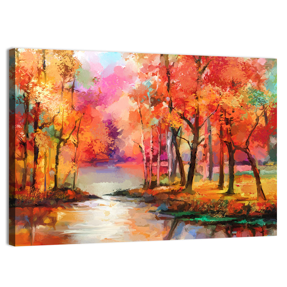 Autumn Lake Reflection Illustration Wall Art, canvas print, landscape