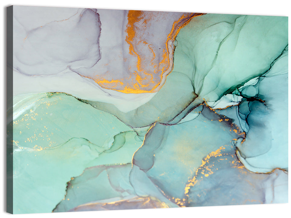 Teal Ink Marbling with Gold Veins Wall Art, canvas print, landscape