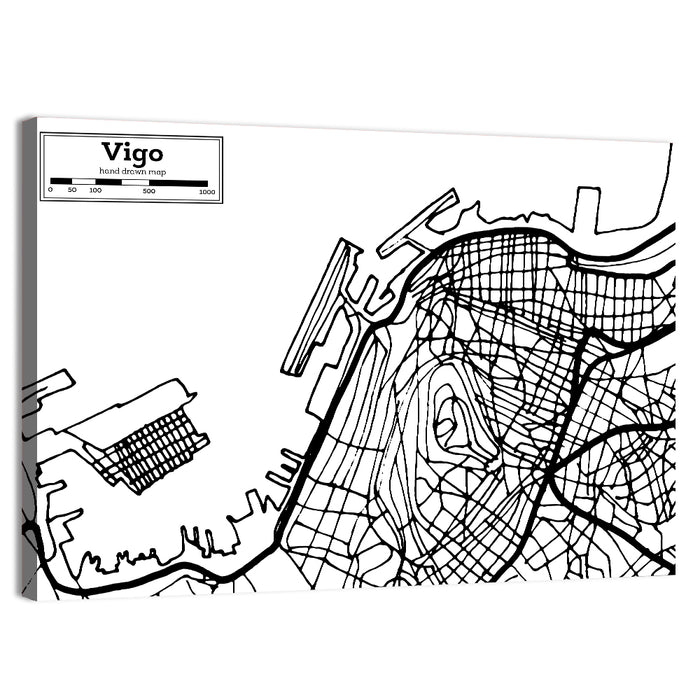 Vigo Aerial Map, Hand-drawn Wall Art as a canvas print