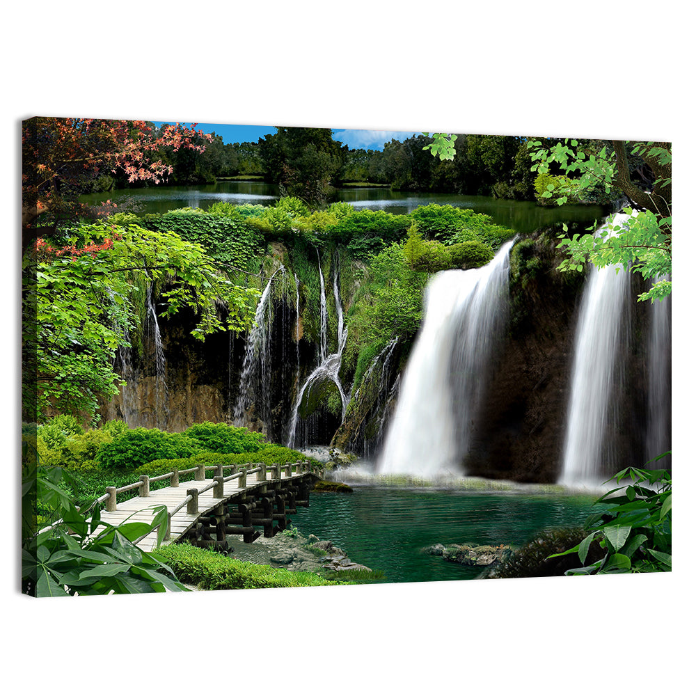 Wooden Bridge and Forest Waterfall Wall Art, canvas print, landscape