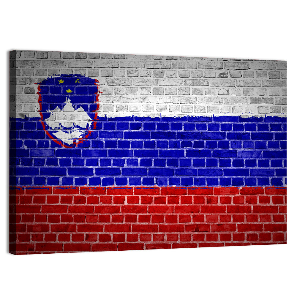Slovenia Flag on Weathered Brick Wall Art, canvas print, landscape