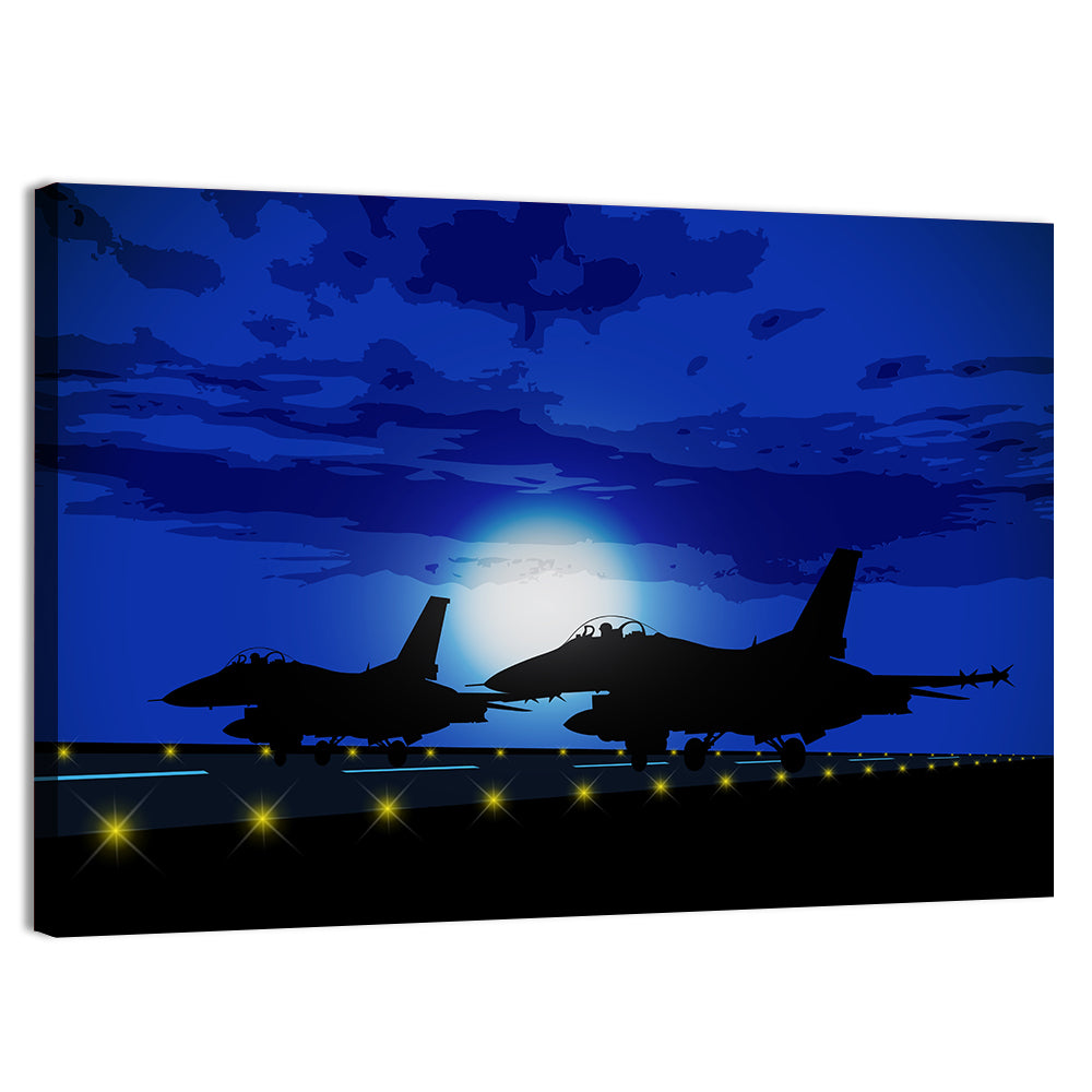 Moonlit Fighter Jets on Runway Wall Art, canvas print, landscape