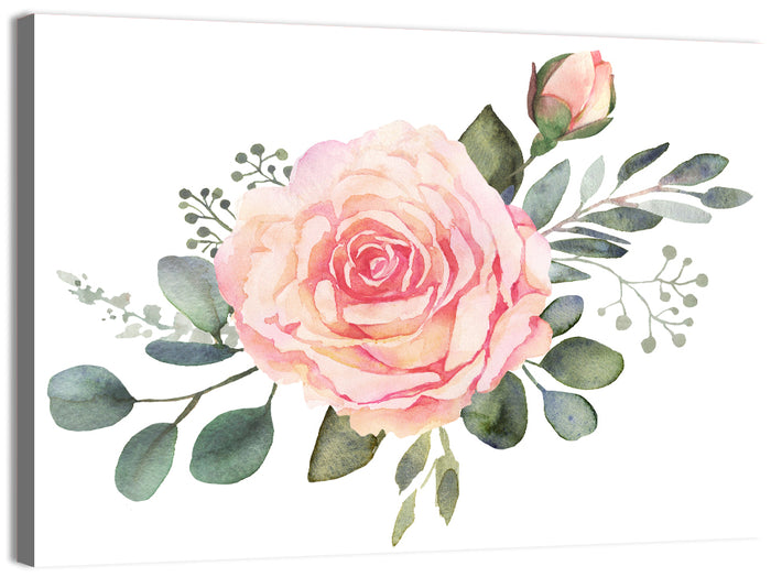 Pink Rose and Eucalyptus Bouquet Wall Art as a canvas print