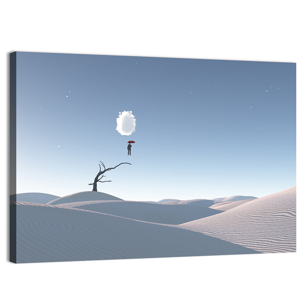 Surreal Desert with Red Umbrella Wall Art, canvas print, landscape