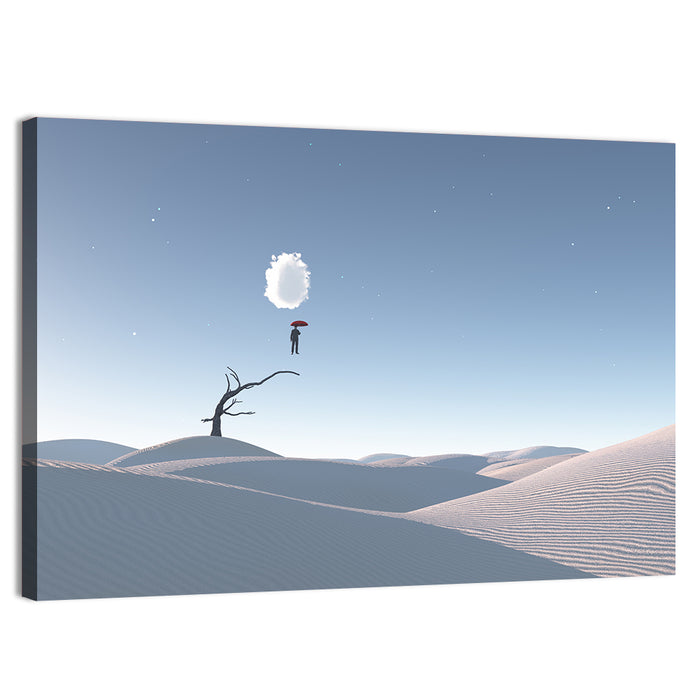 Surreal Desert with Red Umbrella Wall Art as a canvas print